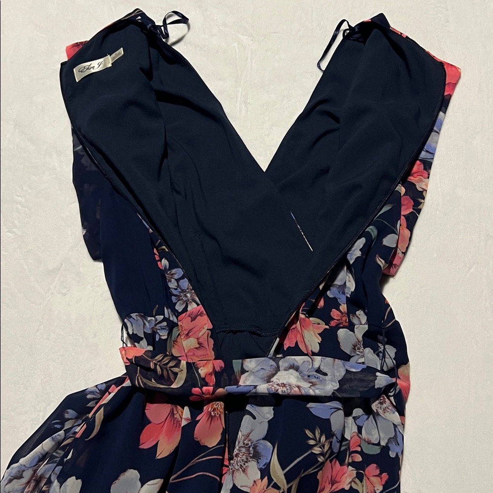 Eliza J Navy Floral Wrap High Low Maxi Dress Romantic Wedding Guest Flowy garden - Picture 9 of 10